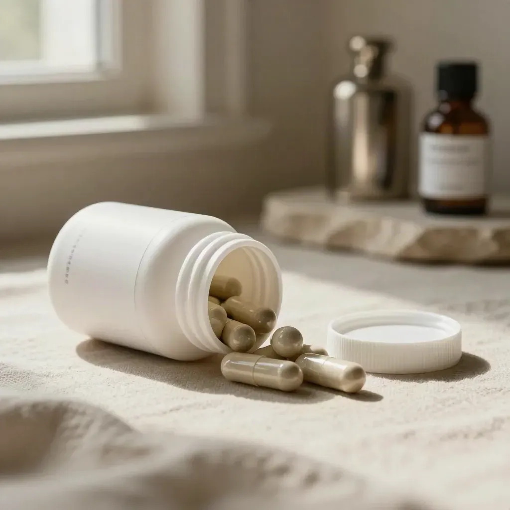 White magnesium sleep capsules jar with lid and scattered capsules on a brushed stone surface.
