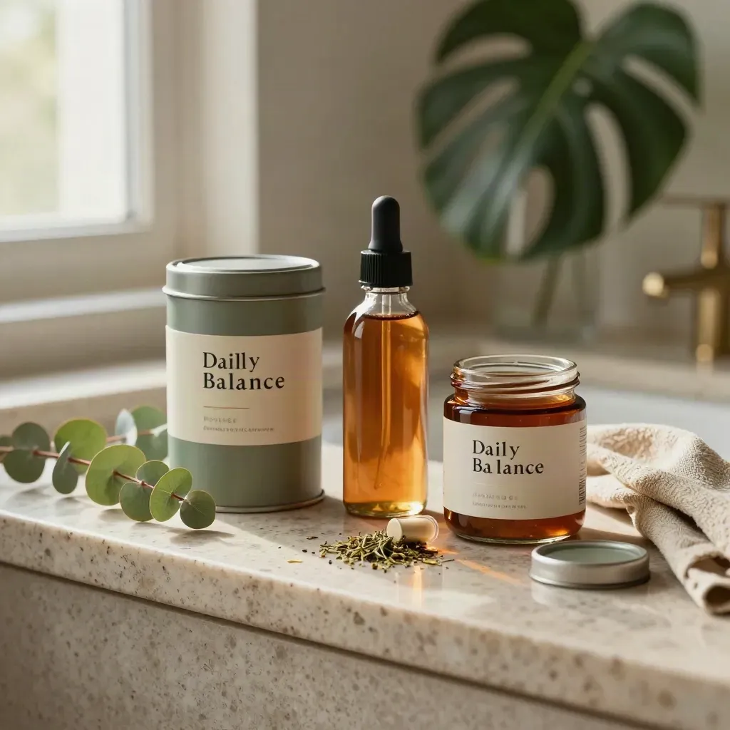 Herbal bundle of tea tin, tincture, and capsules on travertine with eucalyptus and linen.