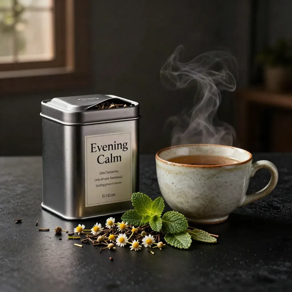 Oversized tea tin with herbs and a stone cup on matte-black surface in moody studio light.