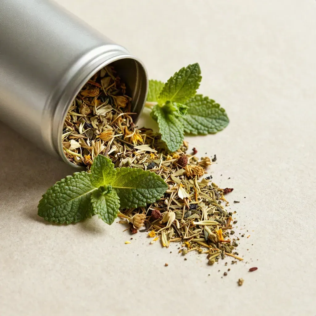 Top-down macro of an open mint tea tin with mint, chamomile, and lemon balm on pale stone