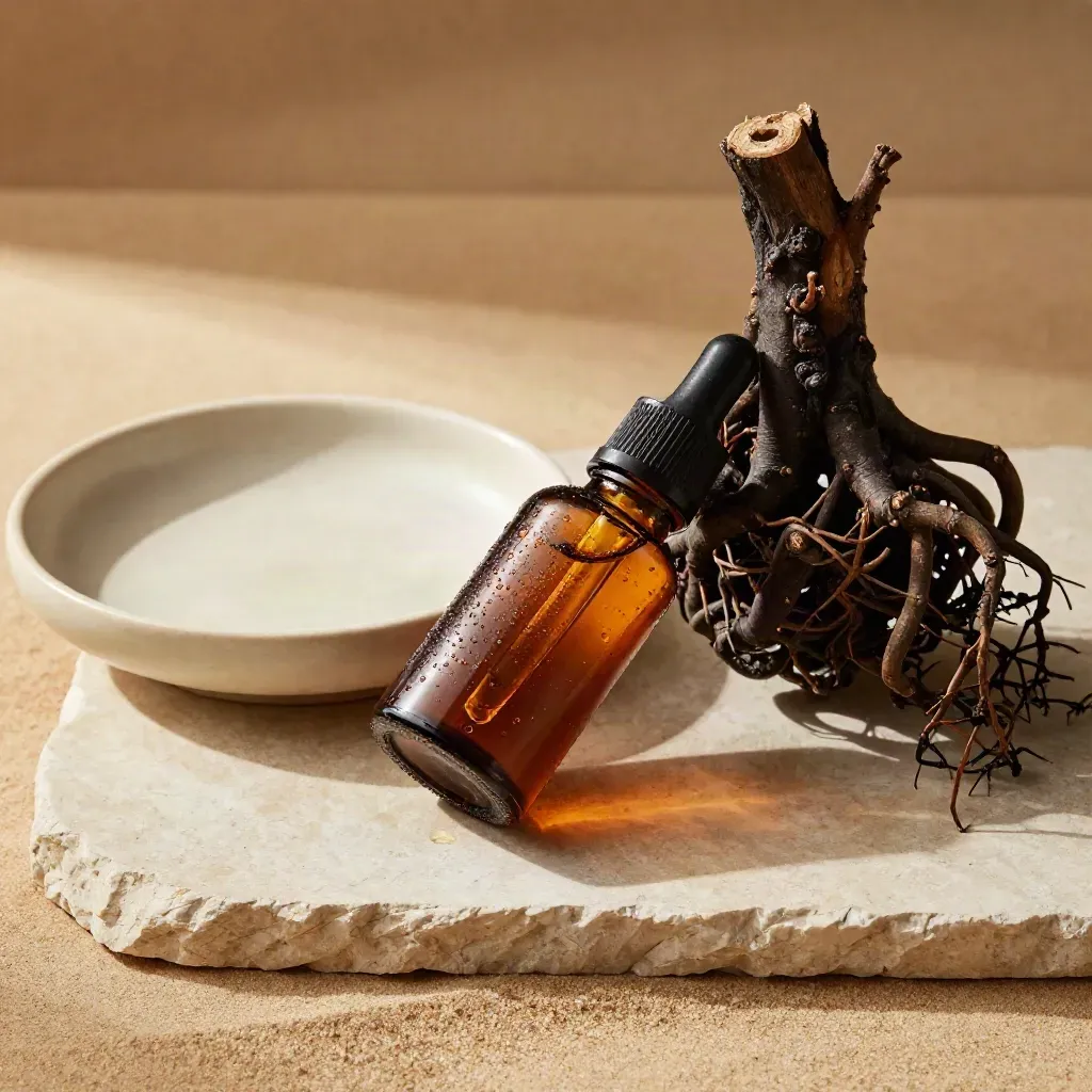 Amber ashwagandha tincture bottle with roots and a dropper above a ceramic dish, overhead flatlay.