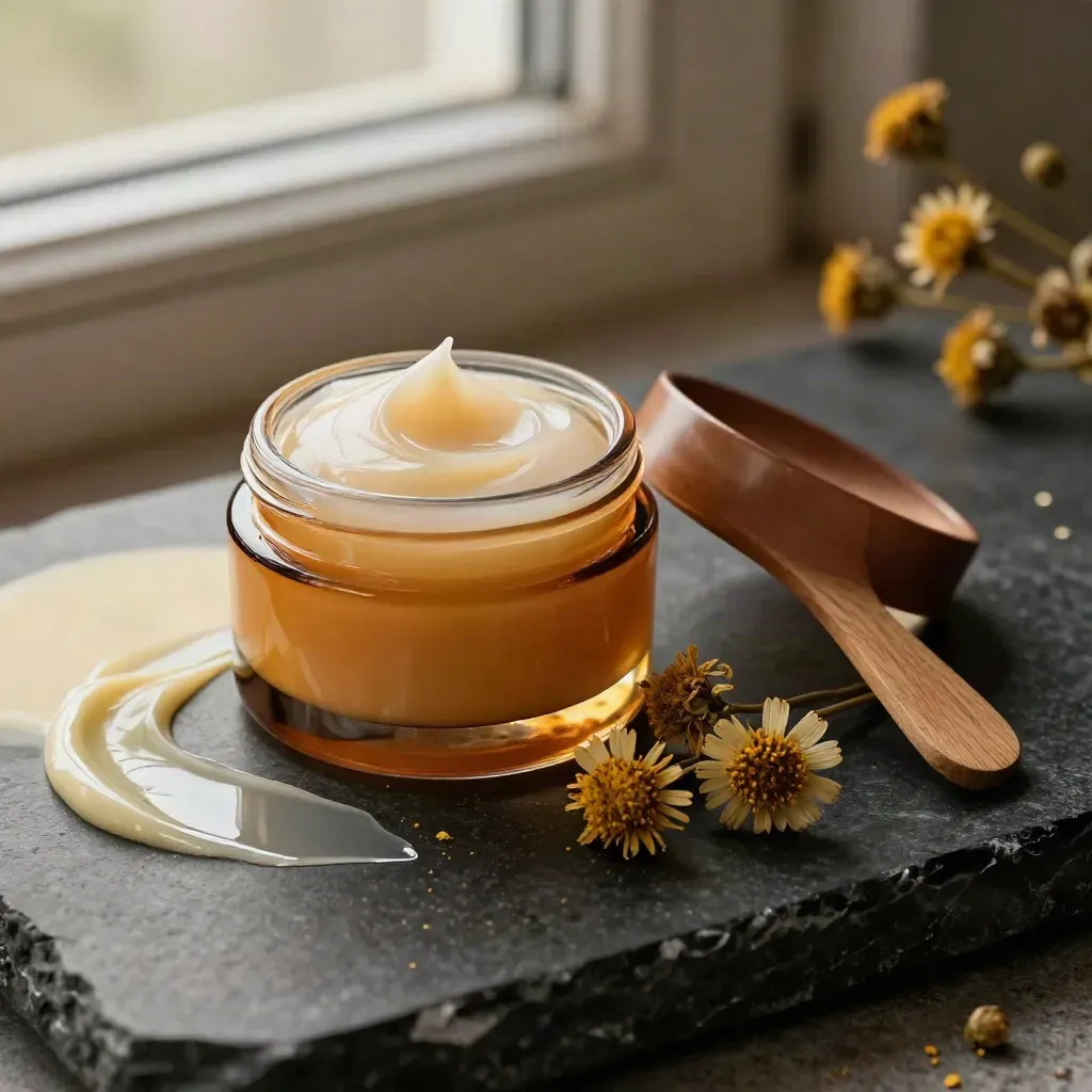 Amber salve jar with wooden spatula, cream balm, dried arnica and dramatic studio light.