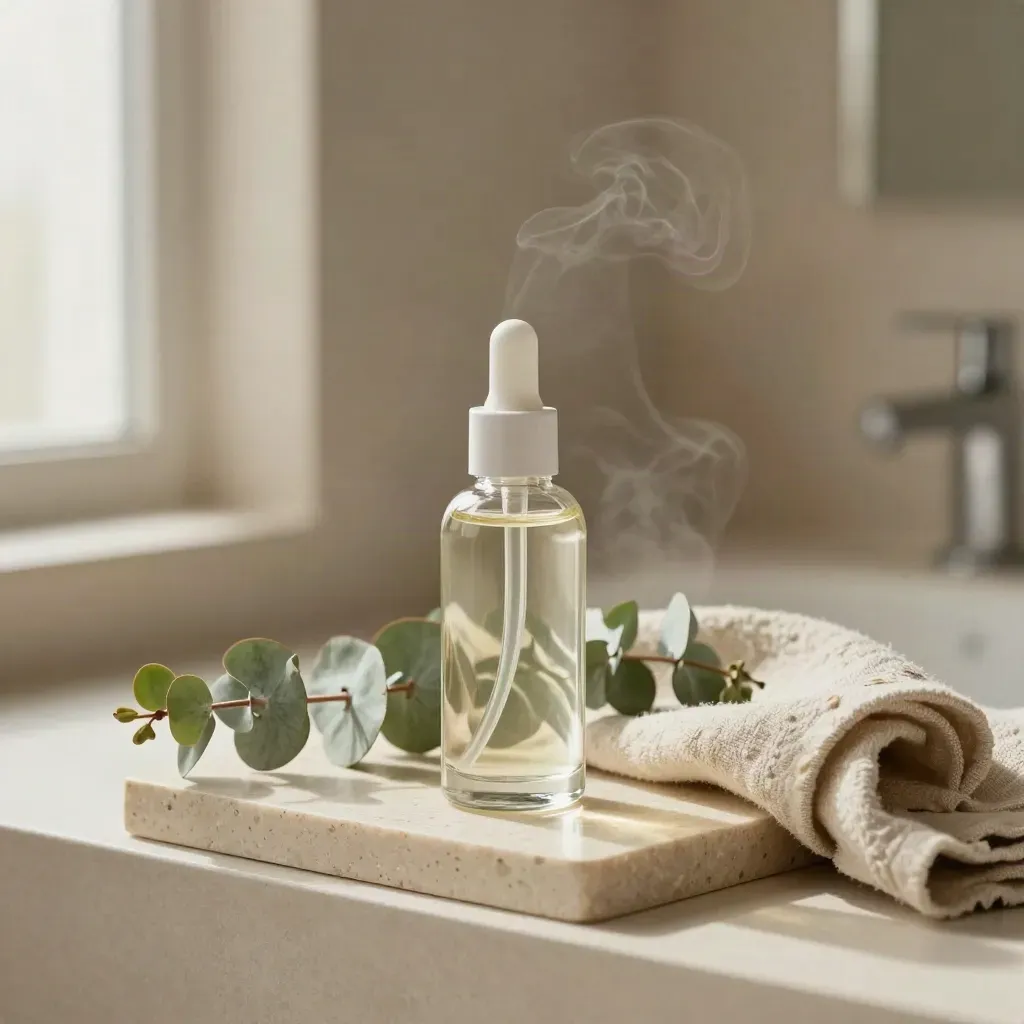 Eucalyptus chest oil bottle with sprigs and linen on travertine amid spa steam
