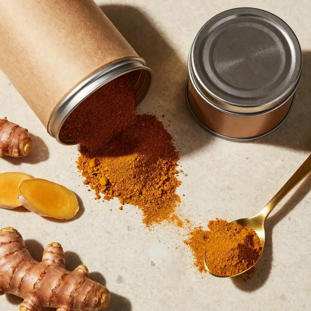 Overhead flatlay of kraft canister, ginger, turmeric root, brass spoon on pale stone