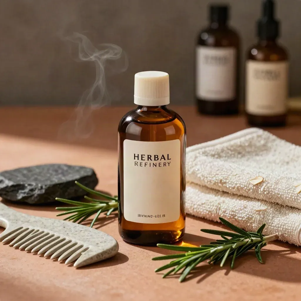 Amber rosemary scalp oil bottle with sprigs, stone comb, towel, and mist on clay.