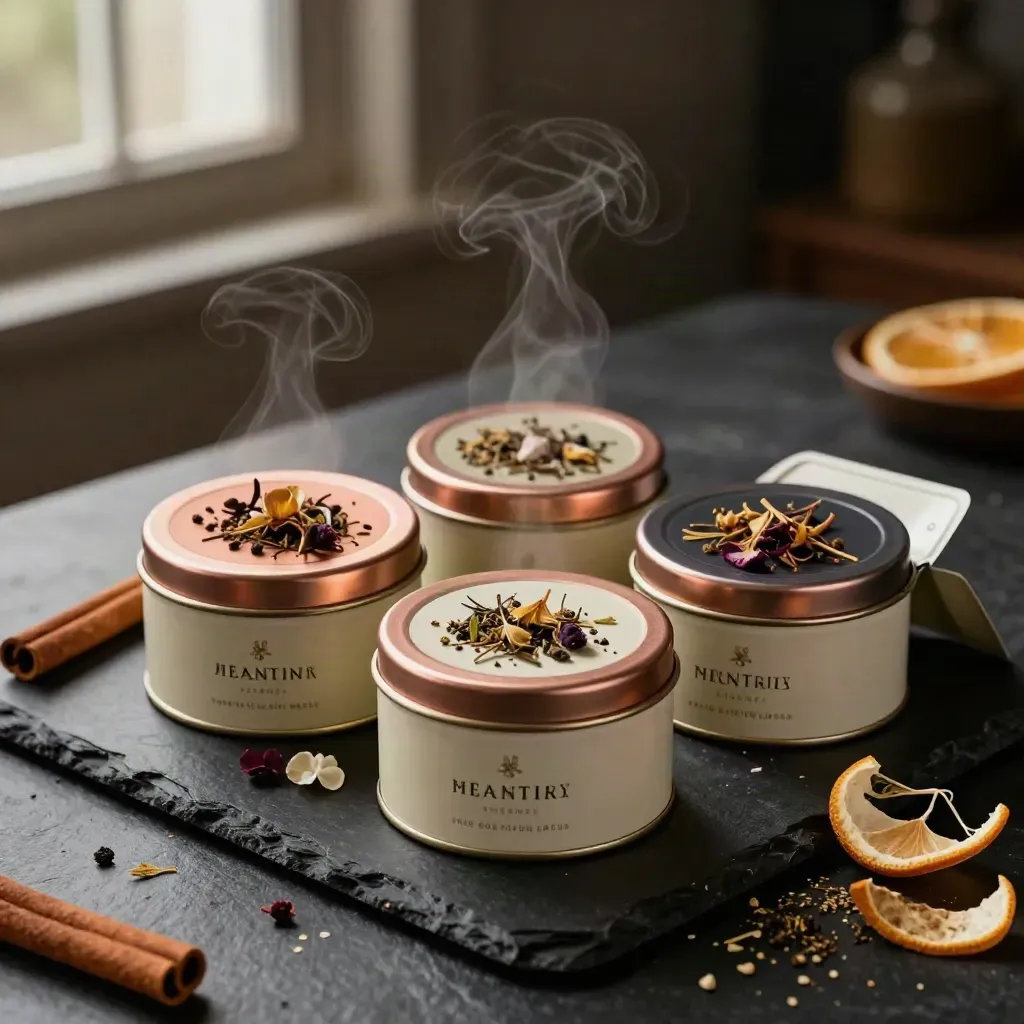Open tea starter box with three tins, blossoms, cinnamon and citrus in rising steam.