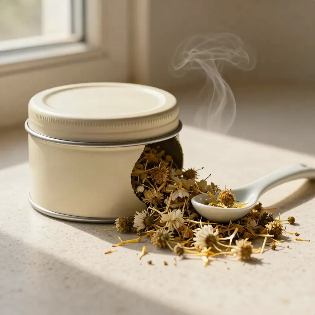 Matte chamomile tea tin with petals spilling out and a ceramic spoon on travertine.