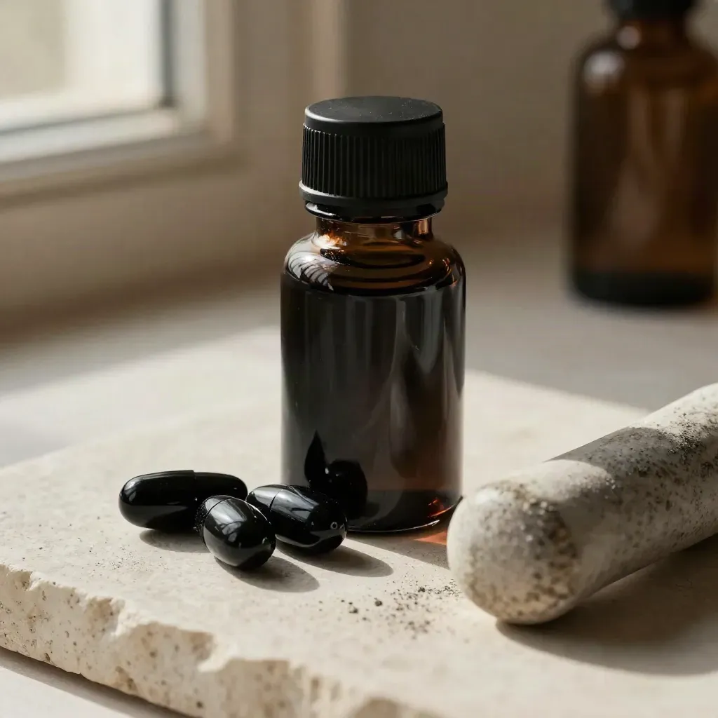 Black seed capsules bottle with spilled capsules and a small stone pestle on a stone surface.