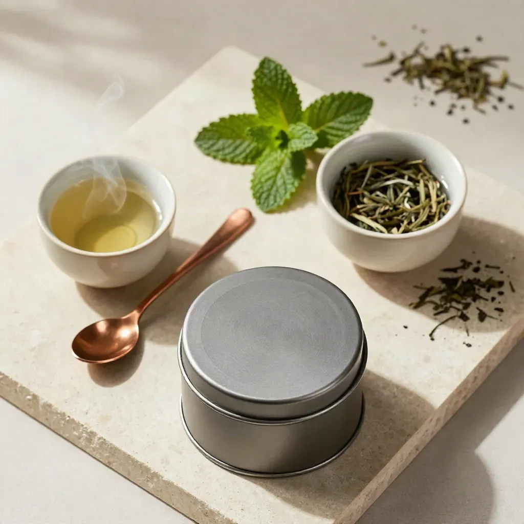 Peppermint tea tin, cup, spoon, and fanned leaves in an overhead flatlay.
