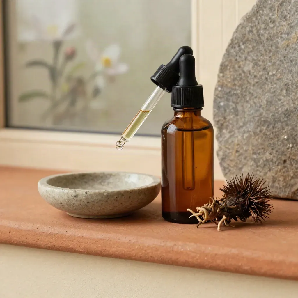 Amber tincture bottle with dropper over stone dish beside roots in soft window light