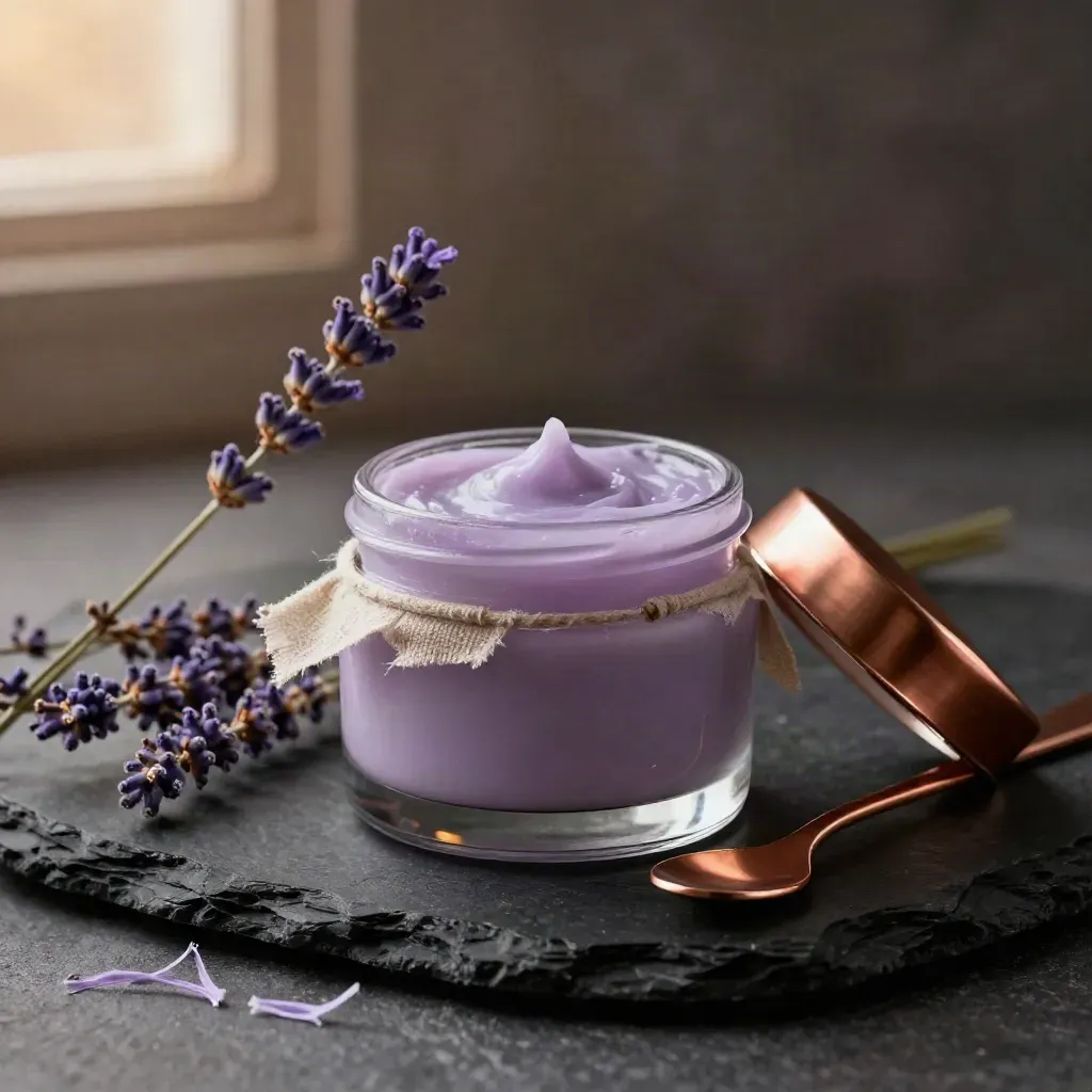 Lavender body salve jar with linen wrap, lavender stems, and a copper accent on black stone.