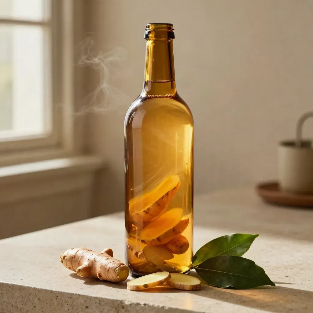 Amber tonic bottle and tumbler with turmeric, ginger, steam, and citrus haze