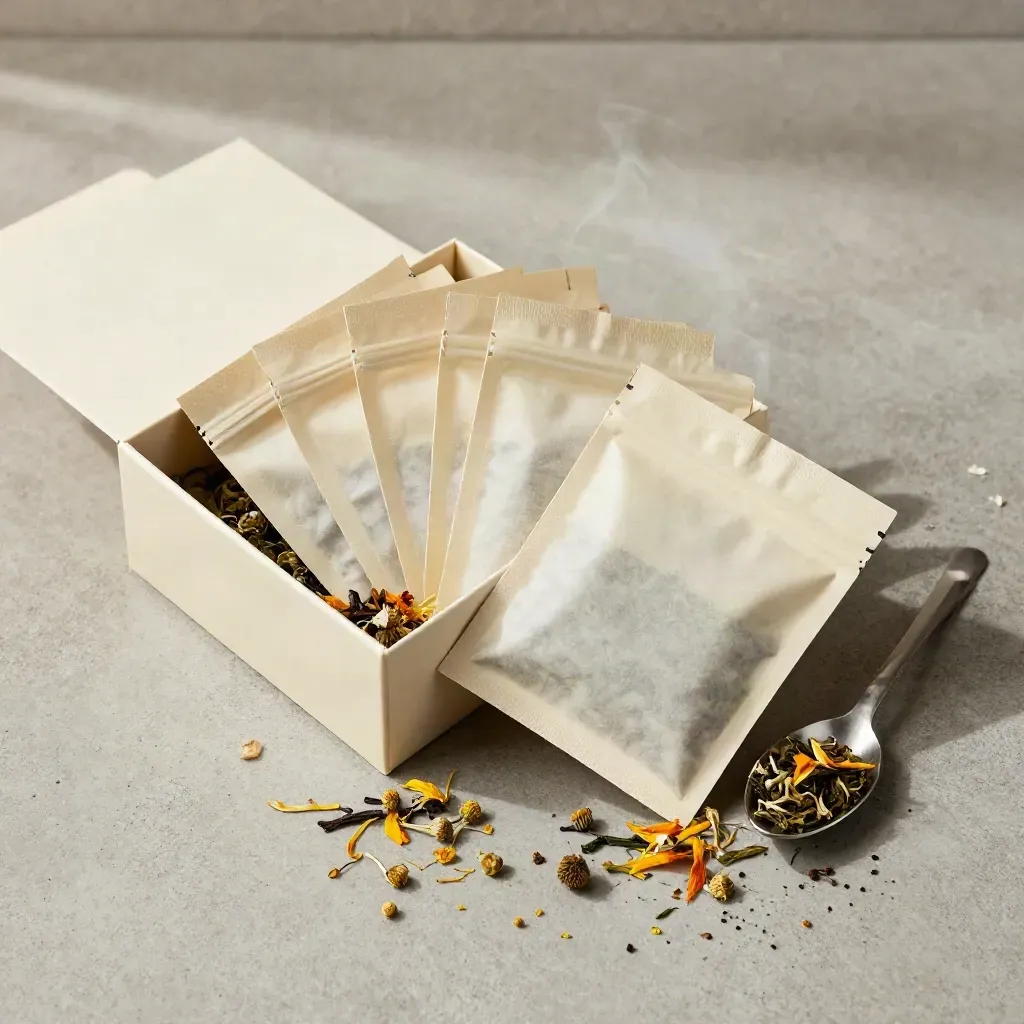 Overhead tea sampler box with six packets, petals, and loose tea on concrete.