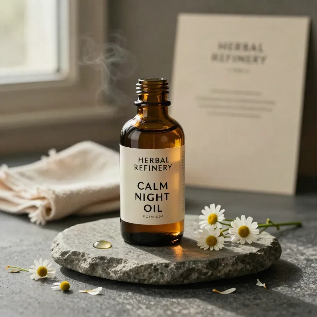 Dark Calm Night Oil bottle with chamomile petals, gauze cloth, and stone slab in soft mist