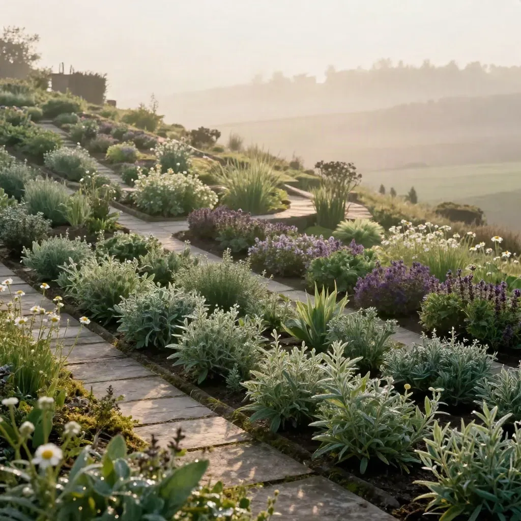 Sunlit hillside herb garden with dew on tea rows and a pale stone path in morning mist.