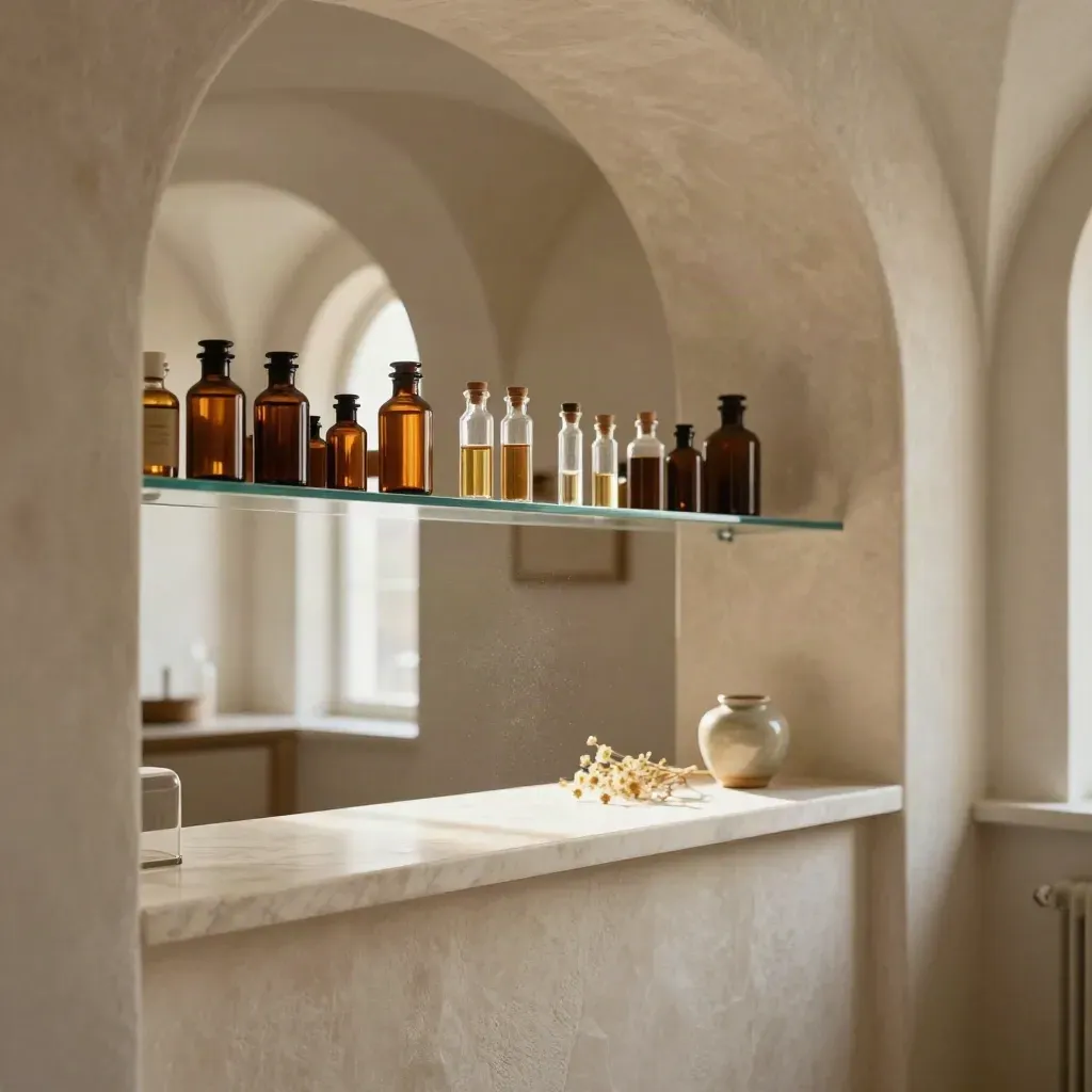 Sunlit apothecary interior with tincture bottles on pale marble and airy plaster walls.