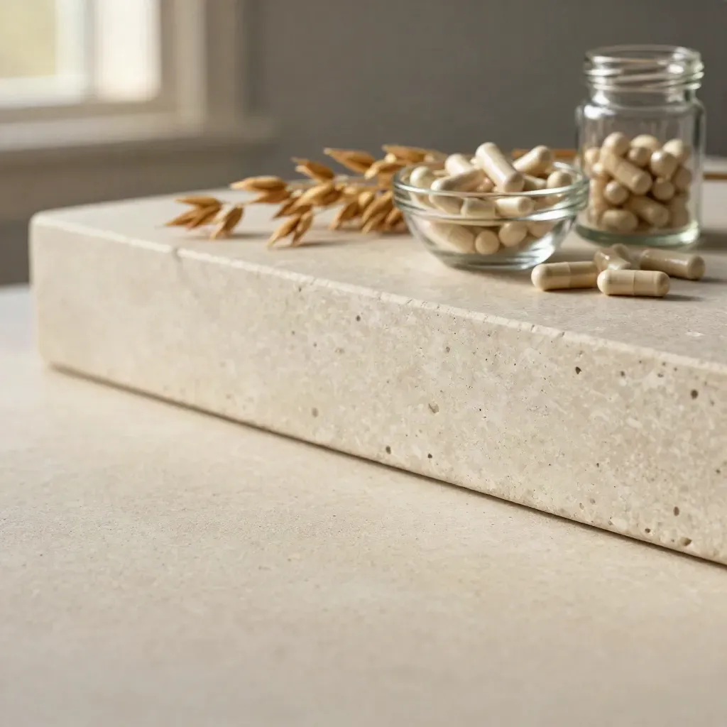 Travertine backdrop with a blurred capsule bowl, oat grass shadows, and calm copy space.