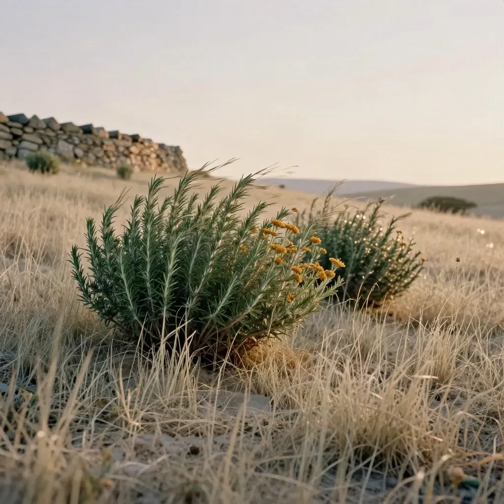Golden hillside of rosemary and arnica with a distant stone wall and open meadow sky.